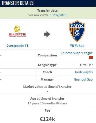 开云体育官方网站-德转:云南玉昆约100万人民币从恒大足校签下布尼亚明